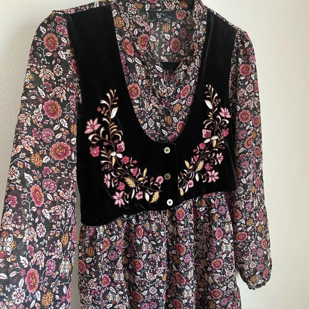 Y2K Floral Tiered Embroidered Velvet Vest Overlay Black Mini Dress 16 Boho Lagen